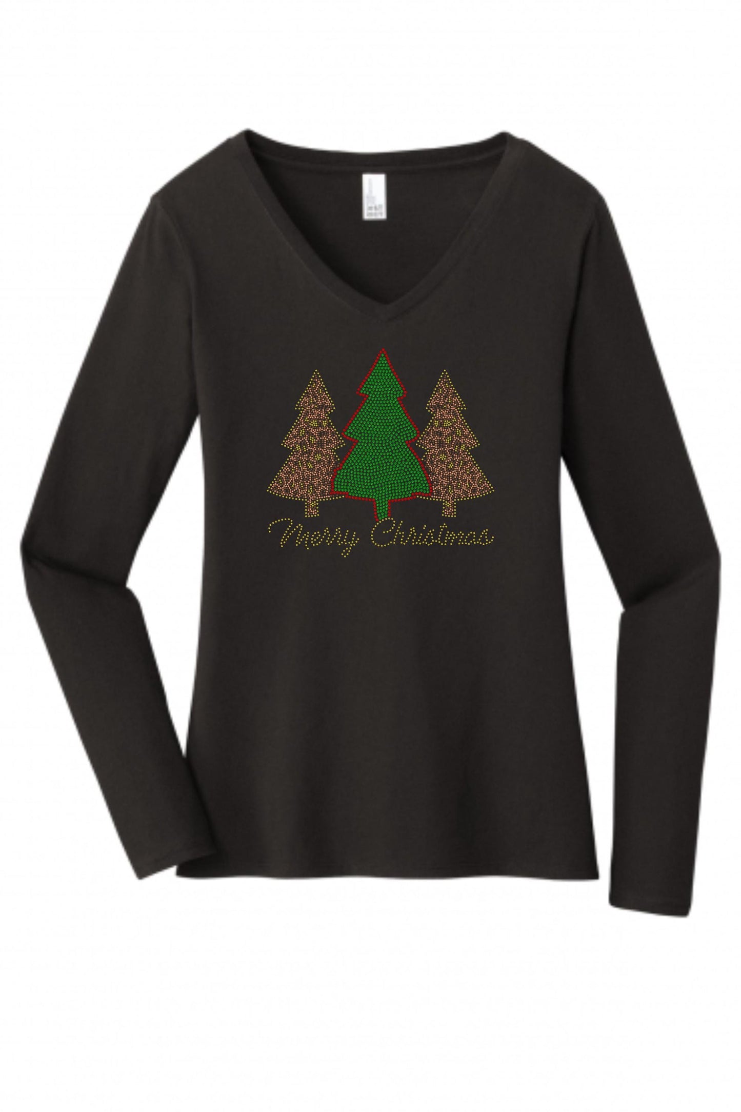 Merry Christmas Trees Bling Tee, T-Shirt Christmas Spangle Design! Christmas Trees! Holiday Bling Tree Tee, Long Sleeve or Sweatshirts! - Stitch N Bling