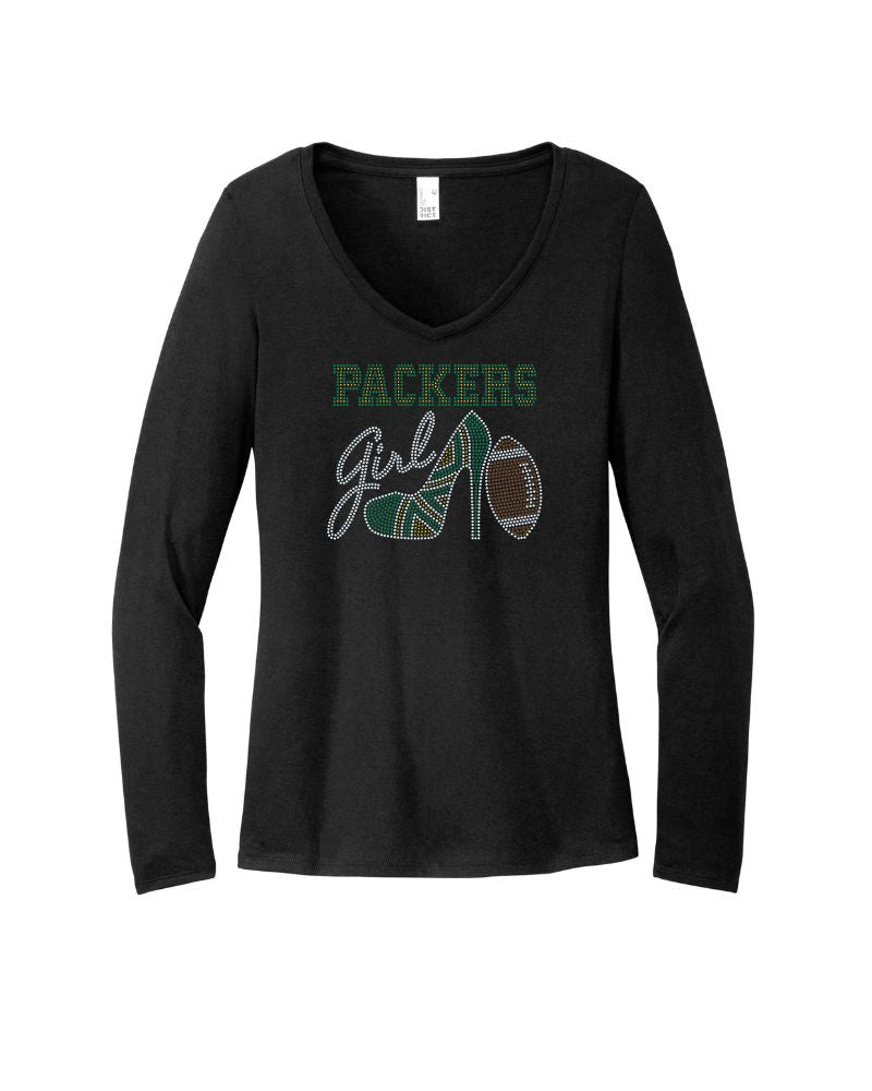 Green Bay Packers Girl High Heel Football Bling Apparel – Ladies V-Neck Tee, Unisex Crewneck, Ladies Long Sleeve V-Neck Shirt, Unisex Sweatshirt