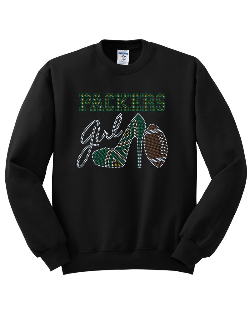 Green Bay Packers Girl High Heel Football Bling Apparel – Ladies V-Neck Tee, Unisex Crewneck, Ladies Long Sleeve V-Neck Shirt, Unisex Sweatshirt