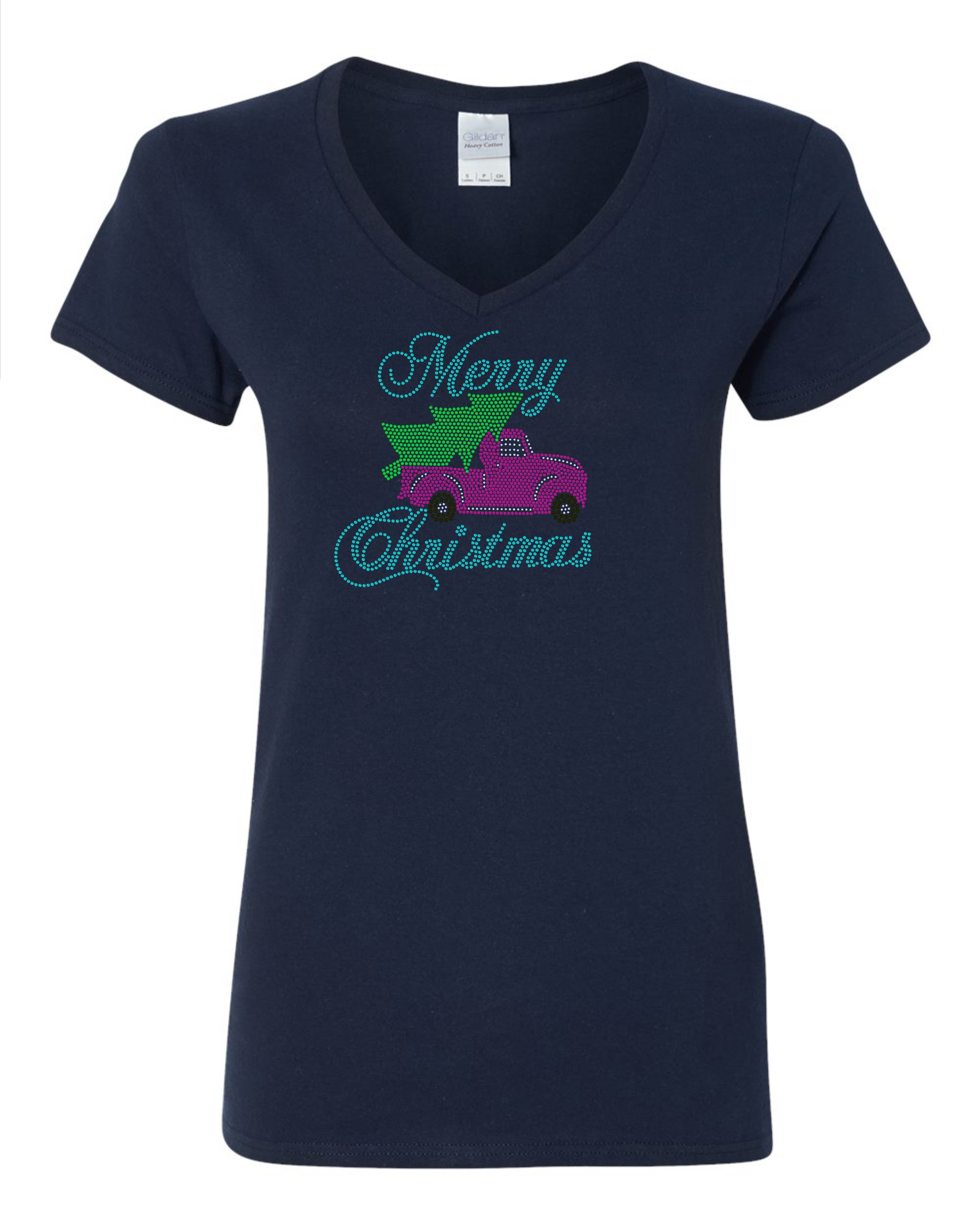 Merry Christmas Old Pink Truck with Christmas Tree Bling Apparel – Ladies V-Neck Tee, Unisex Crewneck, Ladies Long Sleeve V-Neck Shirt, Unisex Sweatshirt
