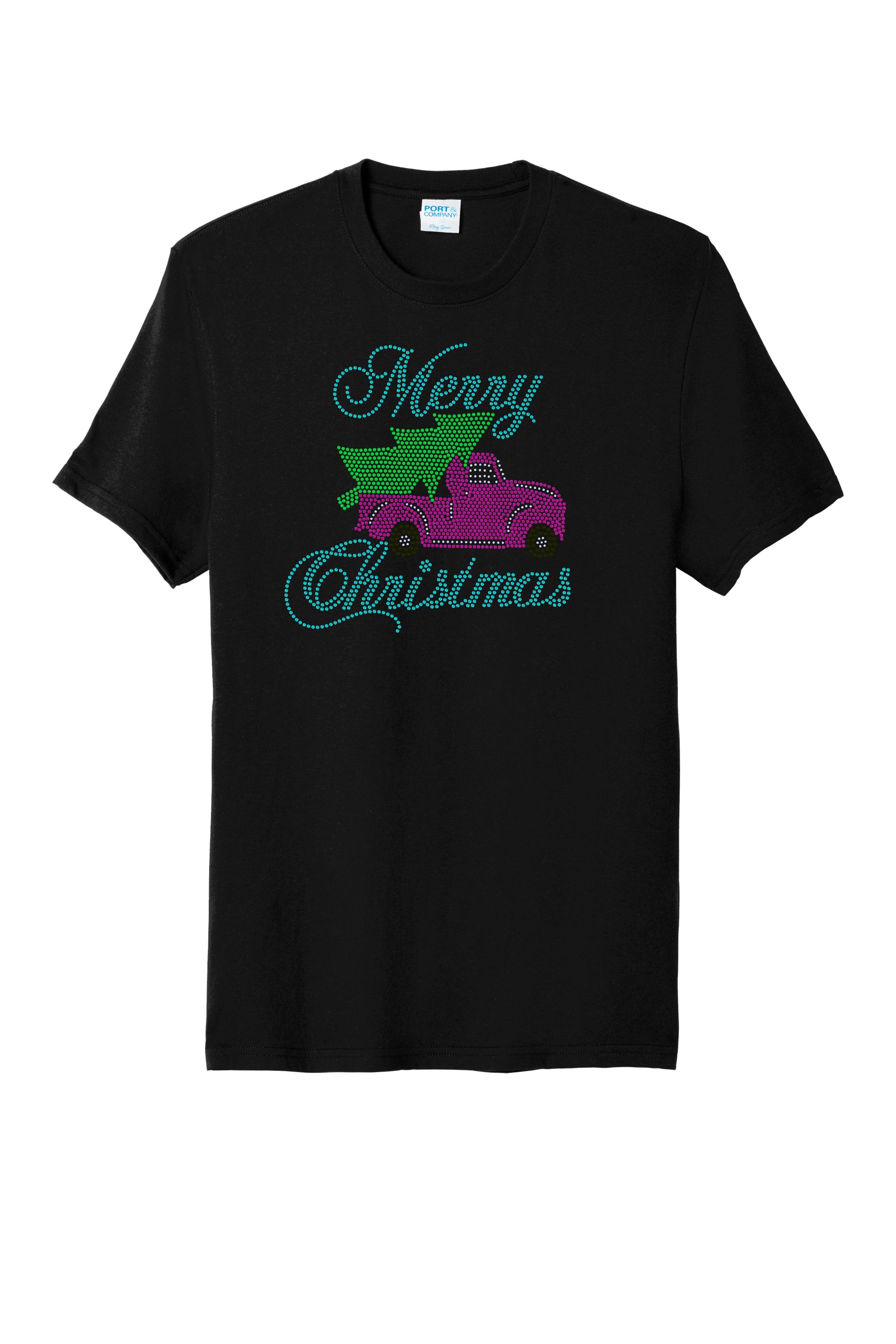 Merry Christmas Old Pink Truck with Christmas Tree Bling Apparel – Ladies V-Neck Tee, Unisex Crewneck, Ladies Long Sleeve V-Neck Shirt, Unisex Sweatshirt