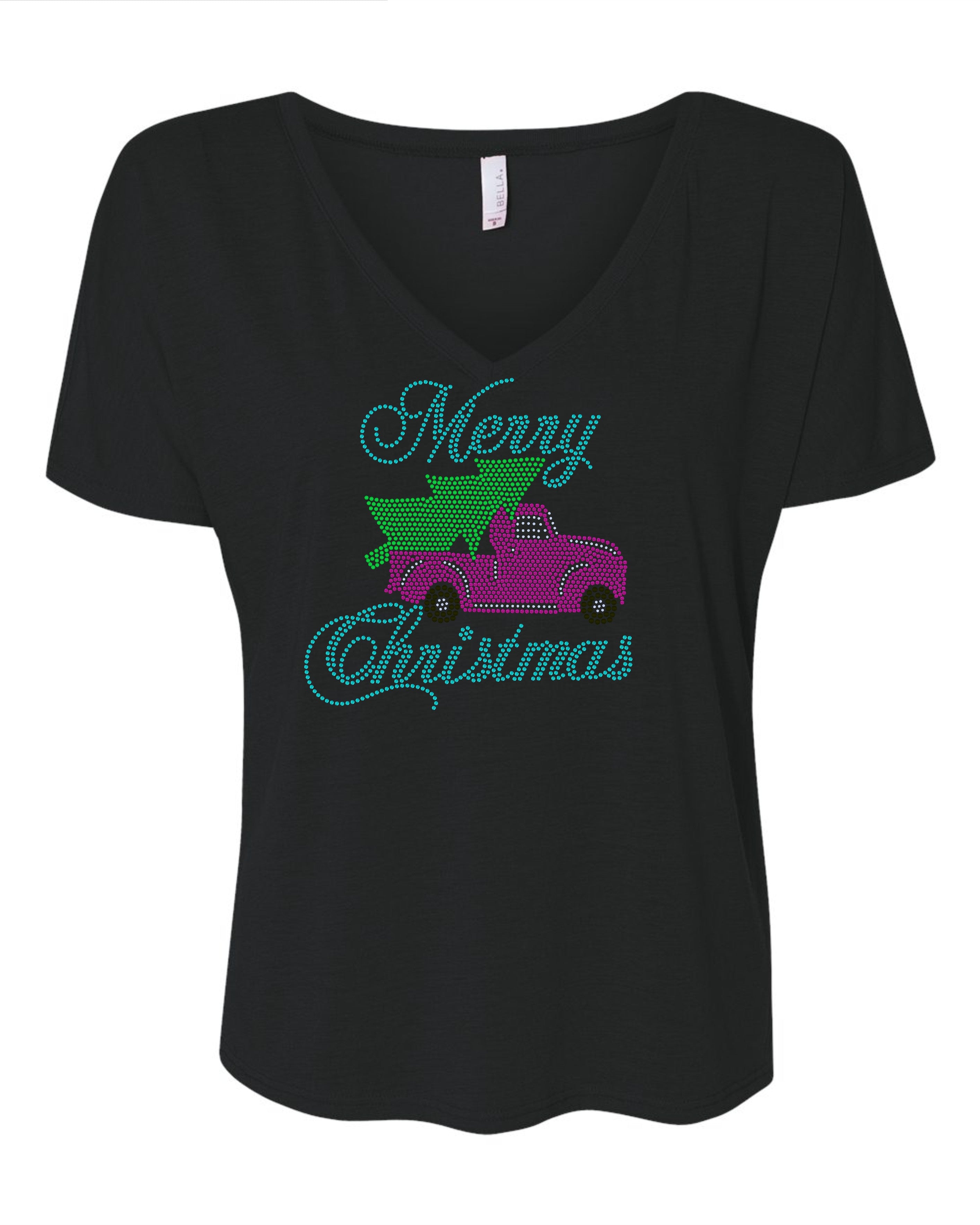Merry Christmas Old Pink Truck with Christmas Tree Bling Apparel – Ladies V-Neck Tee, Unisex Crewneck, Ladies Long Sleeve V-Neck Shirt, Unisex Sweatshirt