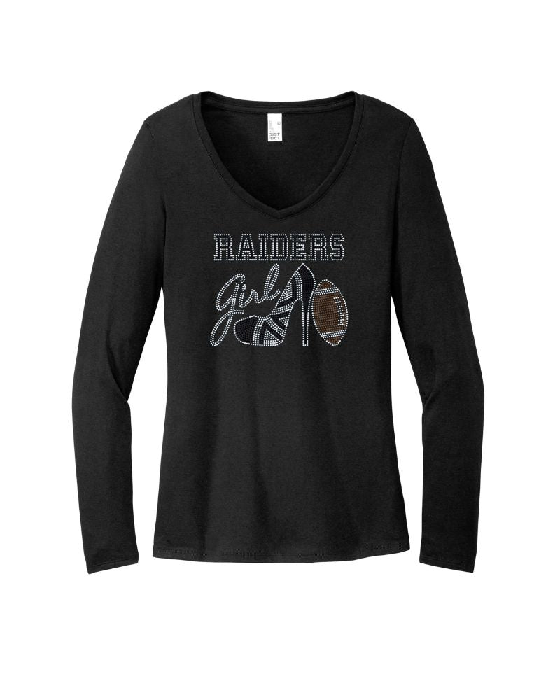 Las Vegas Raiders Girl High Heel Football Bling Apparel – Ladies V-Neck Tee, Unisex Crewneck, Ladies Long Sleeve V-Neck Shirt, Unisex Sweatshirt