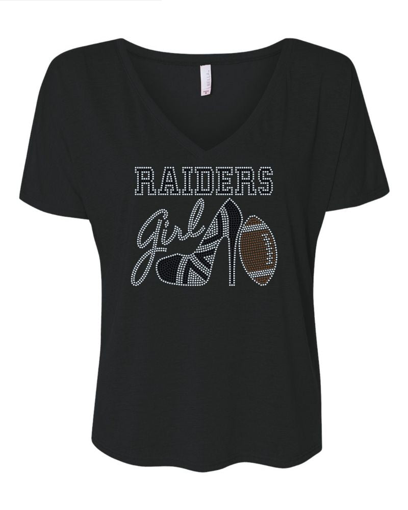 Las Vegas Raiders Girl High Heel Football Bling Apparel – Ladies V-Neck Tee, Unisex Crewneck, Ladies Long Sleeve V-Neck Shirt, Unisex Sweatshirt
