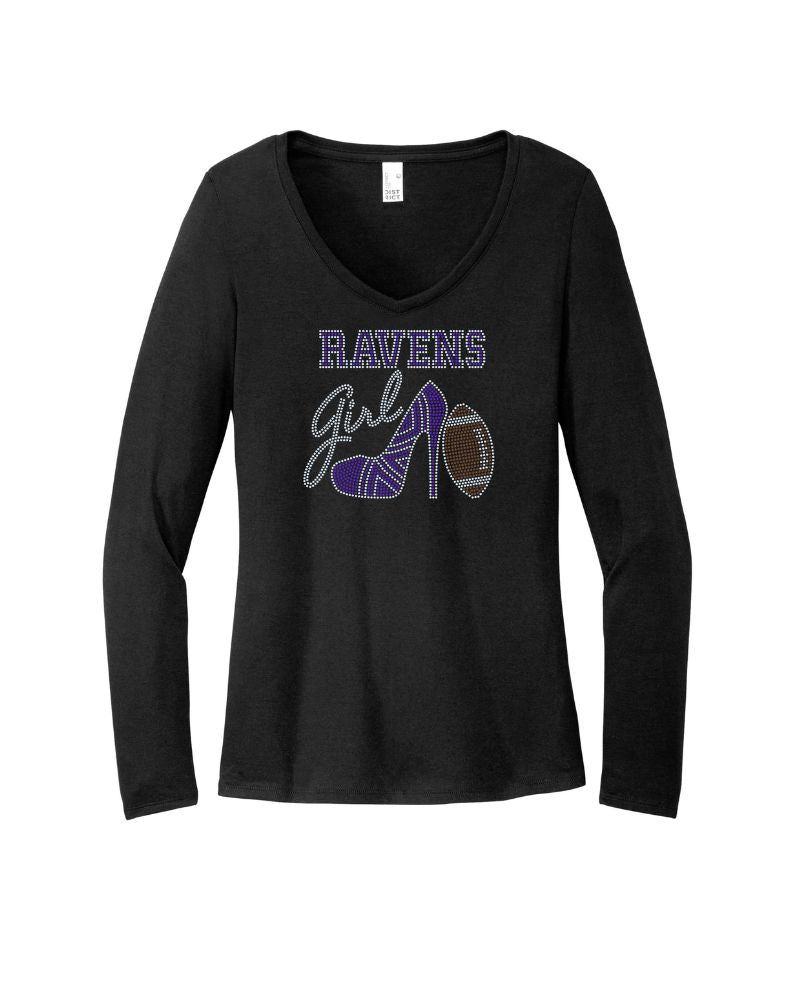 Baltimore Ravens Girl High Heel Football Bling Apparel -  Ladies V-Neck Tee, Unisex Crewneck, Ladies Long Sleeve V-Neck Shirt, Unisex Sweatshirt