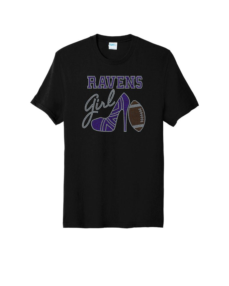 Baltimore Ravens Girl High Heel Football Bling Apparel -  Ladies V-Neck Tee, Unisex Crewneck, Ladies Long Sleeve V-Neck Shirt, Unisex Sweatshirt