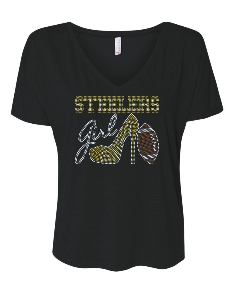 Pittsburgh Steelers Girl Tennis Shoe Football Bling Apparel -  Ladies V-Neck Tee, Unisex Crewneck, Ladies Long Sleeve V-Neck Shirt, Unisex Sweatshirt
