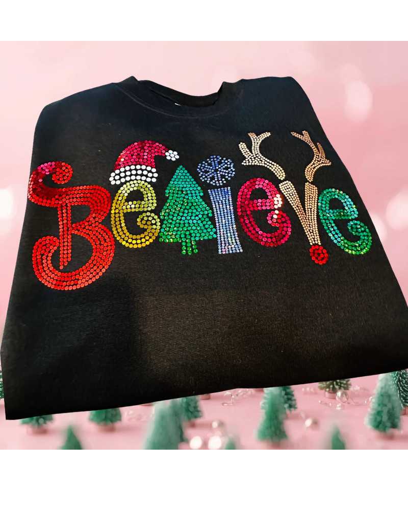 Believe Christmas Bling Apparel – Ladies V-Neck Tee, Unisex Crewneck, Ladies Long Sleeve V-Neck Shirt, Unisex Sweatshirt
