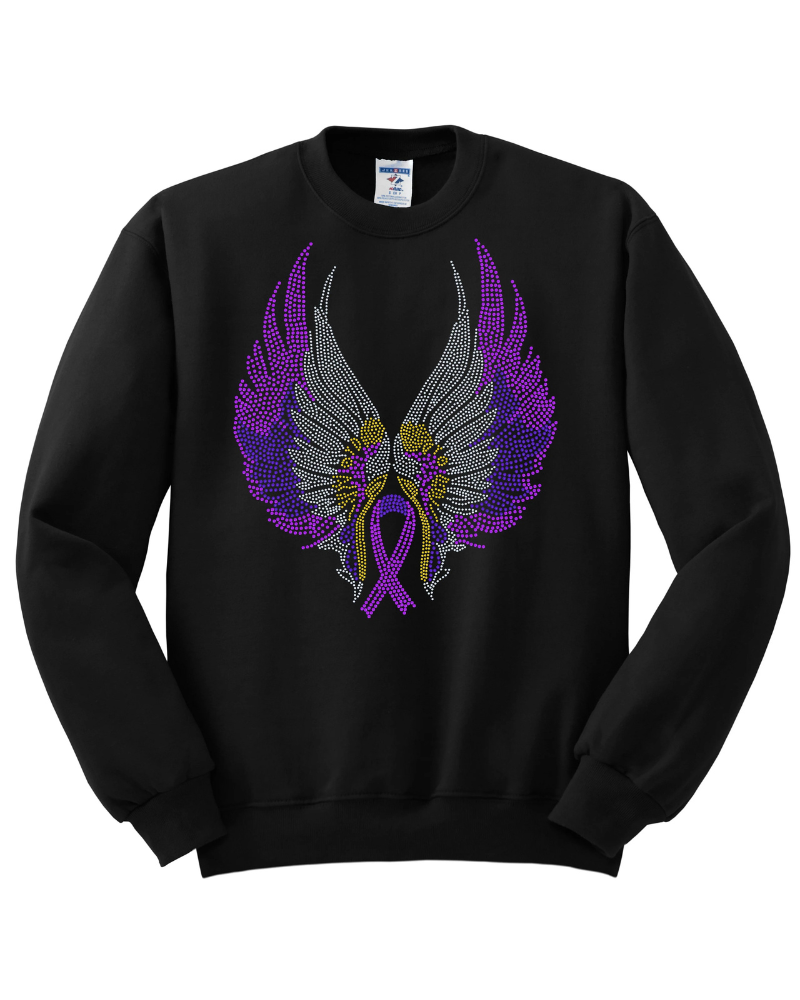 Alzheimer Butterfly Bling Apparel – Ladies V-Neck Tee, Unisex Crewneck, Ladies Long Sleeve V-Neck Shirt, Unisex Sweatshirt