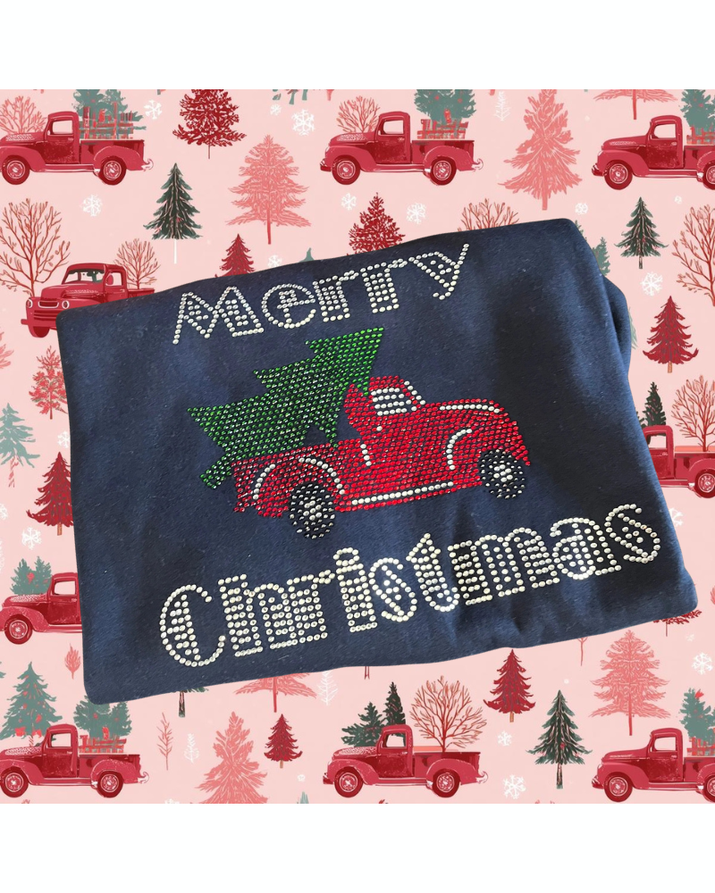 Merry Christmas Old Truck with Christmas Tree Bling Apparel – Ladies V-Neck Tee, Unisex Crewneck, Ladies Long Sleeve V-Neck Shirt, Unisex Sweatshirt