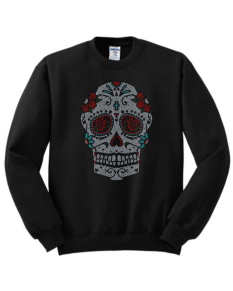 Rose Sugar Cross Skull – Día de los Muertos Sparkle Bling Apparel – Ladies V-Neck Tee, Unisex Crewneck, Ladies Long Sleeve V-Neck Shirt, Unisex Sweatshirt