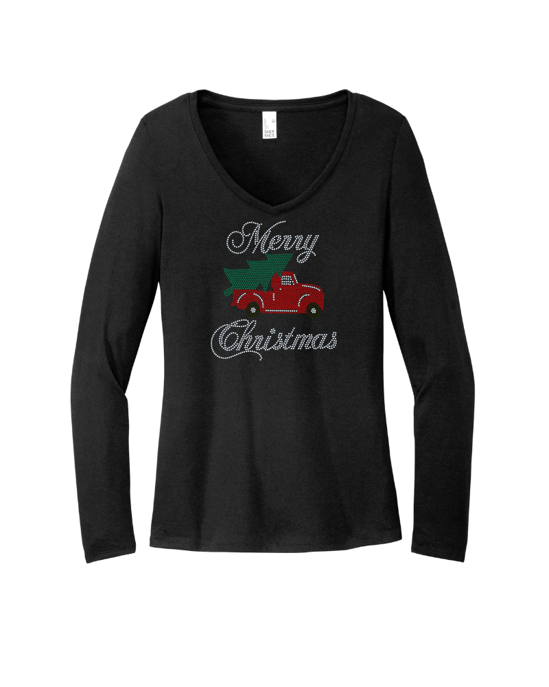 Merry Christmas Old Truck with Christmas Tree Bling Apparel – Ladies V-Neck Tee, Unisex Crewneck, Ladies Long Sleeve V-Neck Shirt, Unisex Sweatshirt