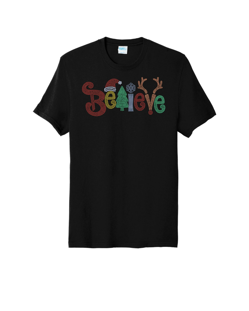 Believe Christmas Bling Apparel – Ladies V-Neck Tee, Unisex Crewneck, Ladies Long Sleeve V-Neck Shirt, Unisex Sweatshirt