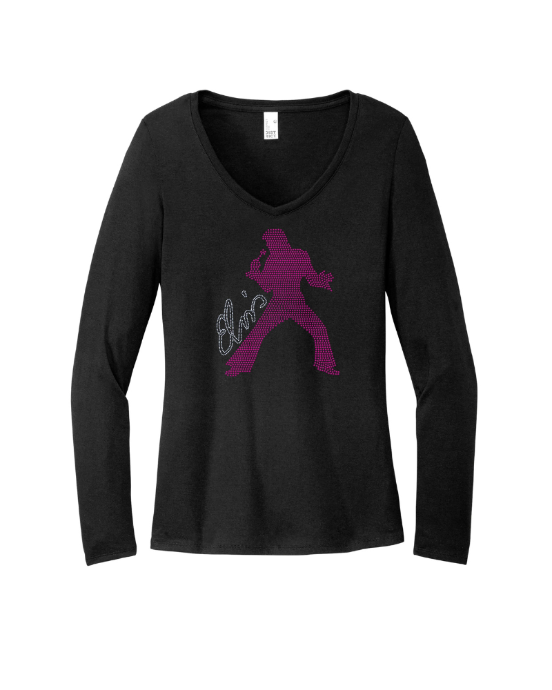 Elvis Presley Silhouette Hot Pink Bling Apparel – Ladies V-Neck Tee, Unisex Crewneck, Ladies Long Sleeve V-Neck Shirt, Unisex Sweatshirt