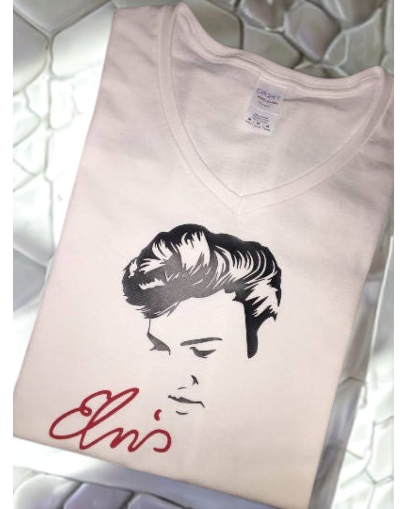 Elvis Presley Silhouette Apparel – Ladies V-Neck Tee, Unisex Crewneck, Ladies Long Sleeve V-Neck Shirt, Unisex Sweatshirt
