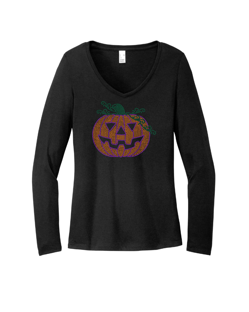 Mr. Jack O Lantern Pumpkin Bling Apparel – Ladies V-Neck Tee, Unisex Crewneck, Ladies Long Sleeve V-Neck Shirt, Unisex Sweatshirt