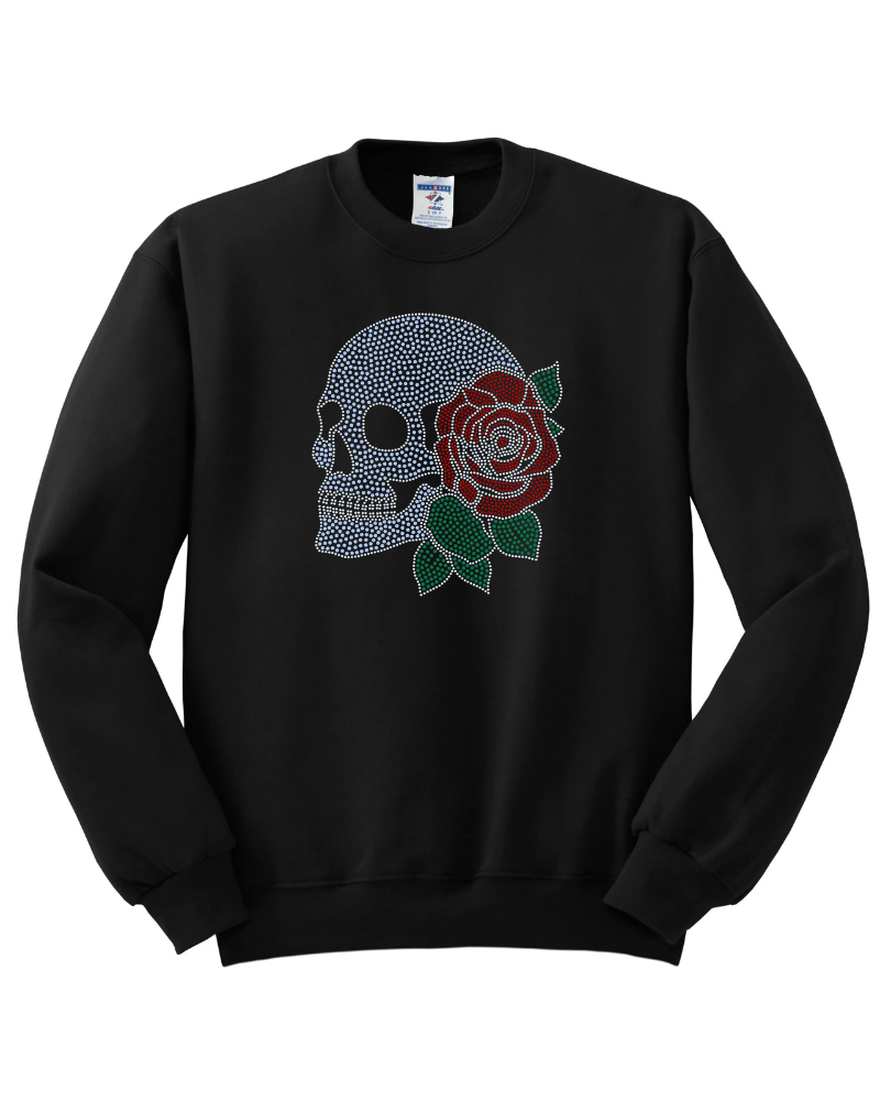 Skeleton with Rose Skull Apparel – Ladies V-Neck Tee, Unisex Crewneck, Ladies Long Sleeve V-Neck Shirt, Unisex Sweatshirt