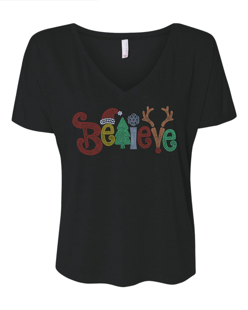 Believe Christmas Bling Apparel – Ladies V-Neck Tee, Unisex Crewneck, Ladies Long Sleeve V-Neck Shirt, Unisex Sweatshirt