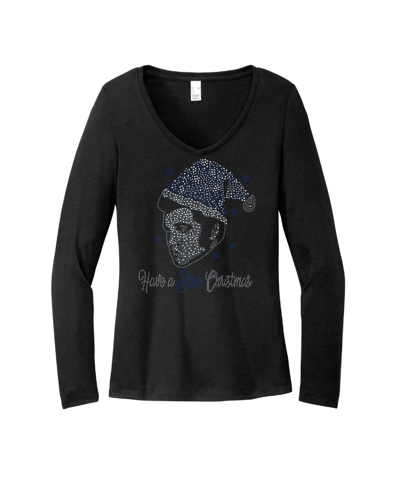Elvis Santa's Blue Christmas Bling Sparkle Apparel – Ladies V-Neck Tee, Unisex Crewneck, Ladies Long Sleeve V-Neck Shirt, Unisex Sweatshirt
