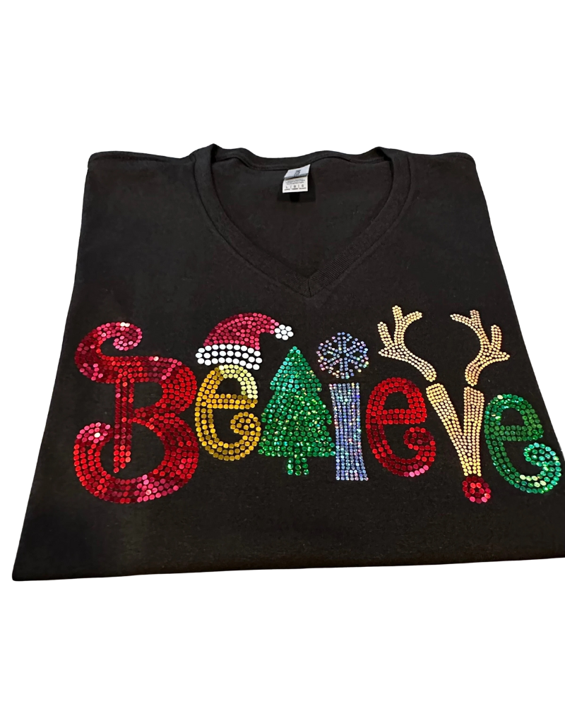 Believe Christmas Bling Apparel – Ladies V-Neck Tee, Unisex Crewneck, Ladies Long Sleeve V-Neck Shirt, Unisex Sweatshirt