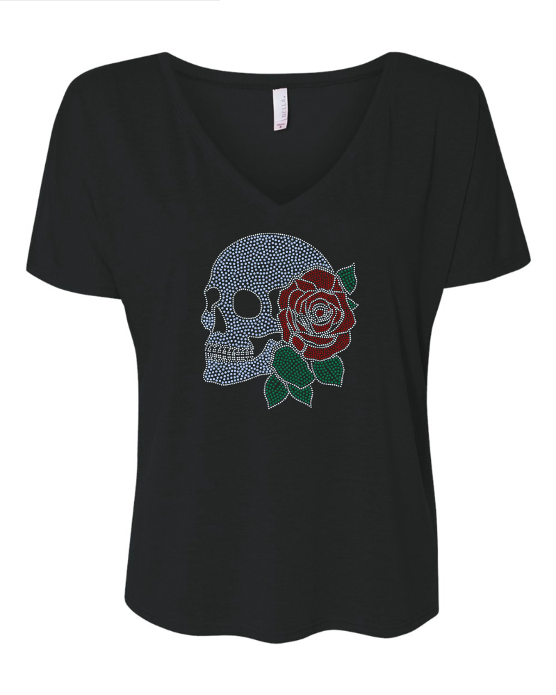 Skeleton with Rose Skull Apparel – Ladies V-Neck Tee, Unisex Crewneck, Ladies Long Sleeve V-Neck Shirt, Unisex Sweatshirt