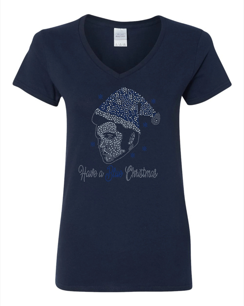 Elvis Santa's Blue Christmas Bling Sparkle Apparel – Ladies V-Neck Tee, Unisex Crewneck, Ladies Long Sleeve V-Neck Shirt, Unisex Sweatshirt