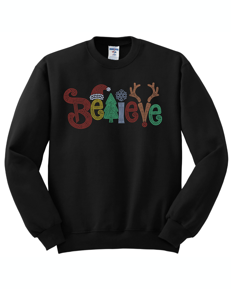 Believe Christmas Bling Apparel – Ladies V-Neck Tee, Unisex Crewneck, Ladies Long Sleeve V-Neck Shirt, Unisex Sweatshirt
