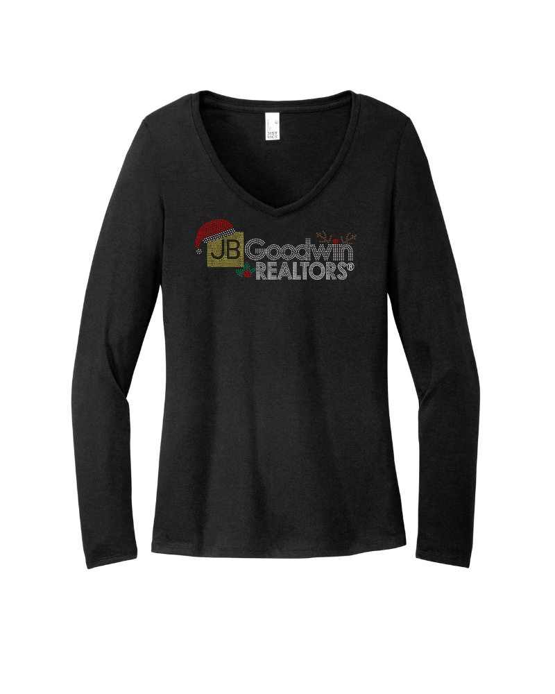 JB Goodwin REALTORS Christmas Bling Apparel – Ladies Polo, Ladies V-Neck Tee, Unisex Crewneck, Ladies Long Sleeve V-Neck Shirt, Unisex Sweatshirt