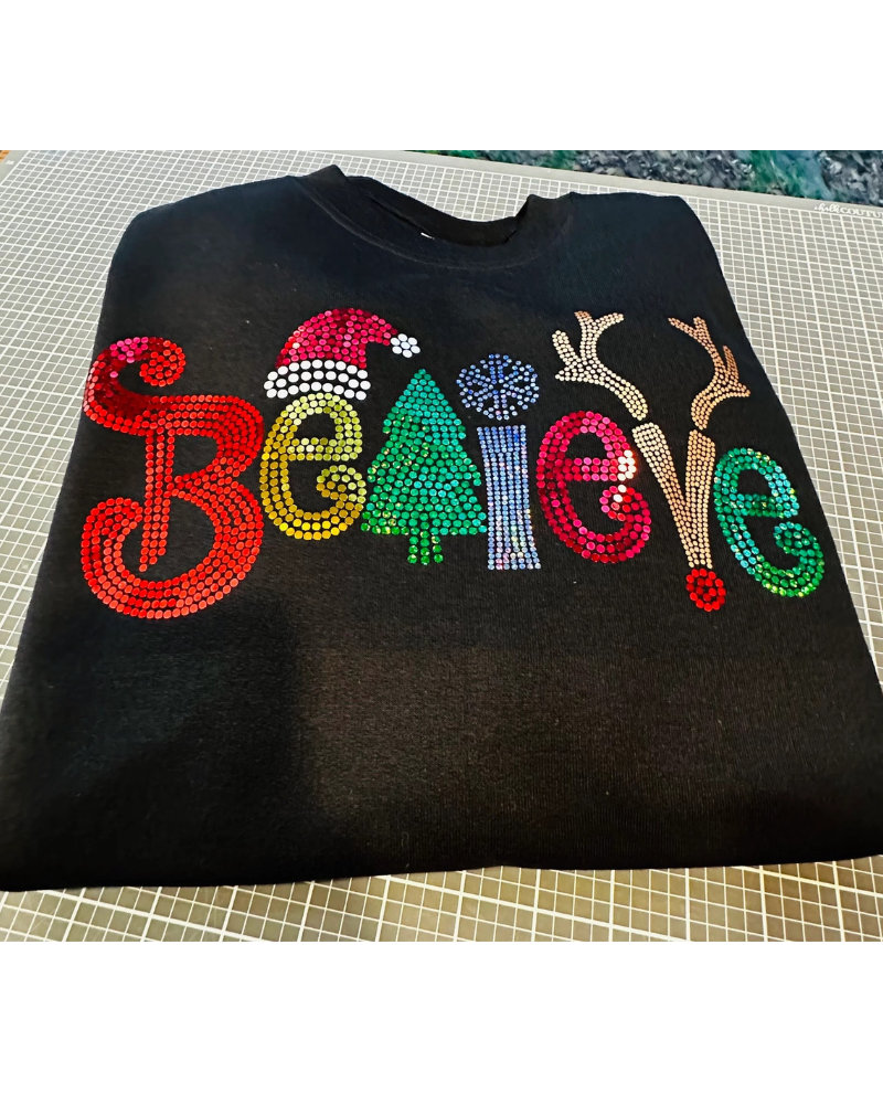 Believe Christmas Bling Apparel – Ladies V-Neck Tee, Unisex Crewneck, Ladies Long Sleeve V-Neck Shirt, Unisex Sweatshirt