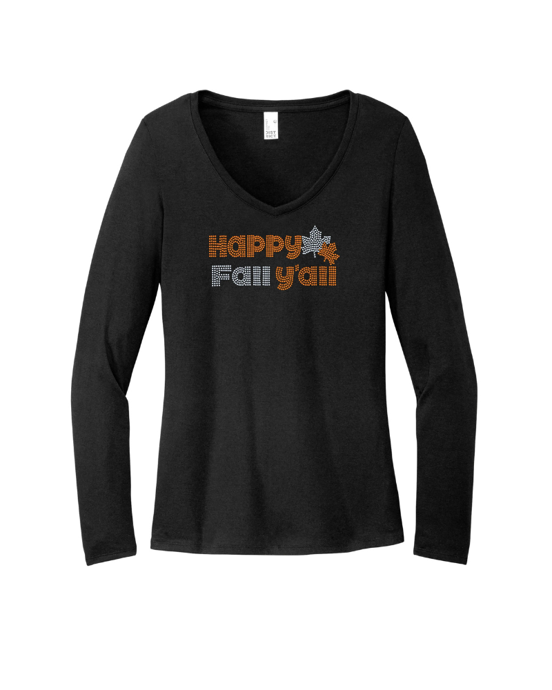 Happy Fall Y'all Bling Apparel – Ladies V-Neck Tee, Unisex Crewneck, Ladies Long Sleeve V-Neck Shirt, Unisex Sweatshirt