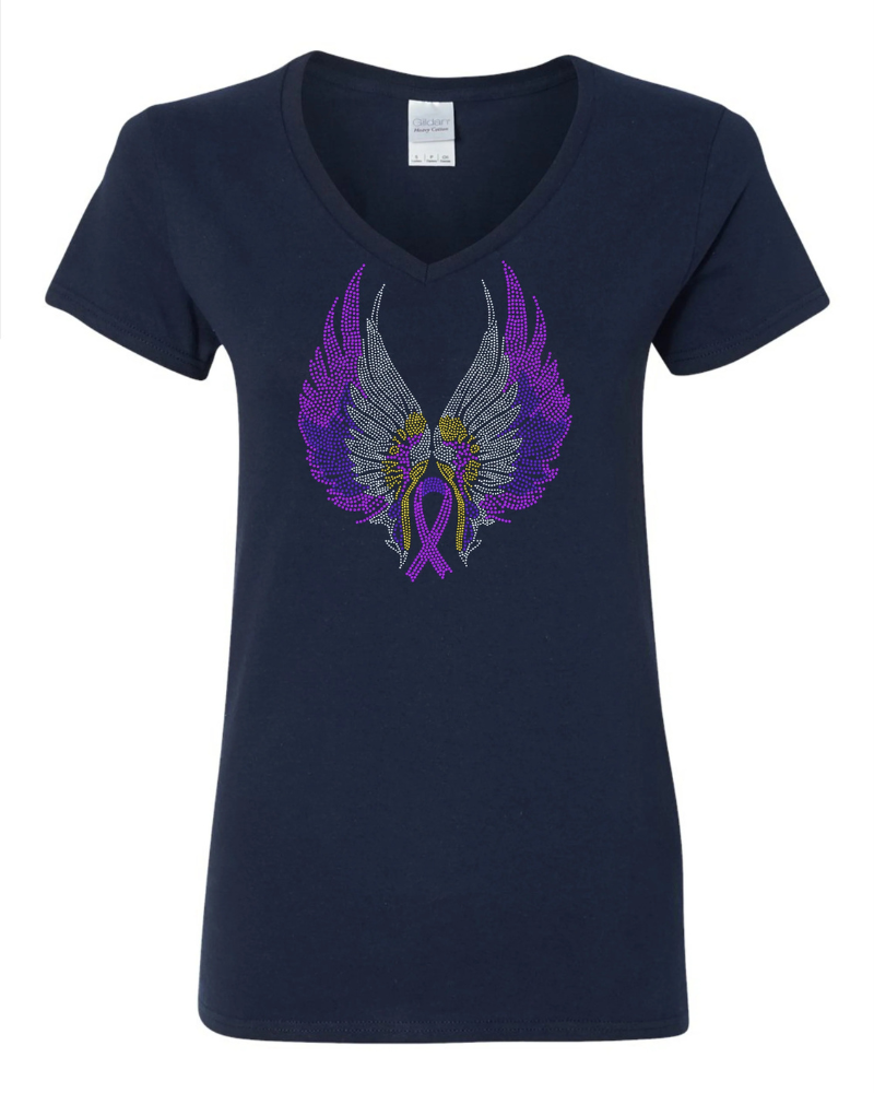 Alzheimer Butterfly Bling Apparel – Ladies V-Neck Tee, Unisex Crewneck, Ladies Long Sleeve V-Neck Shirt, Unisex Sweatshirt