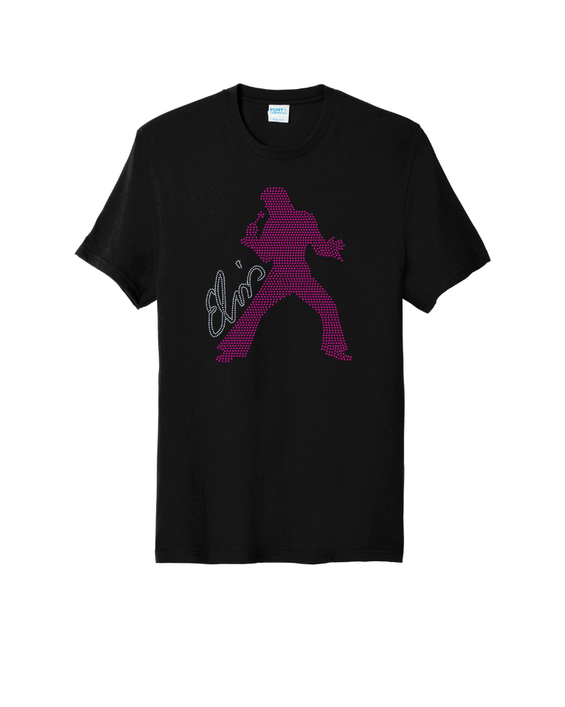 Elvis Presley Silhouette Hot Pink Bling Apparel – Ladies V-Neck Tee, Unisex Crewneck, Ladies Long Sleeve V-Neck Shirt, Unisex Sweatshirt