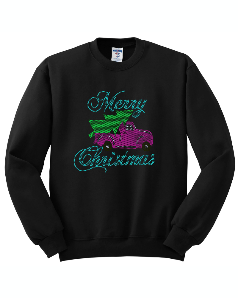 Merry Christmas Old Pink Truck with Christmas Tree Bling Apparel – Ladies V-Neck Tee, Unisex Crewneck, Ladies Long Sleeve V-Neck Shirt, Unisex Sweatshirt