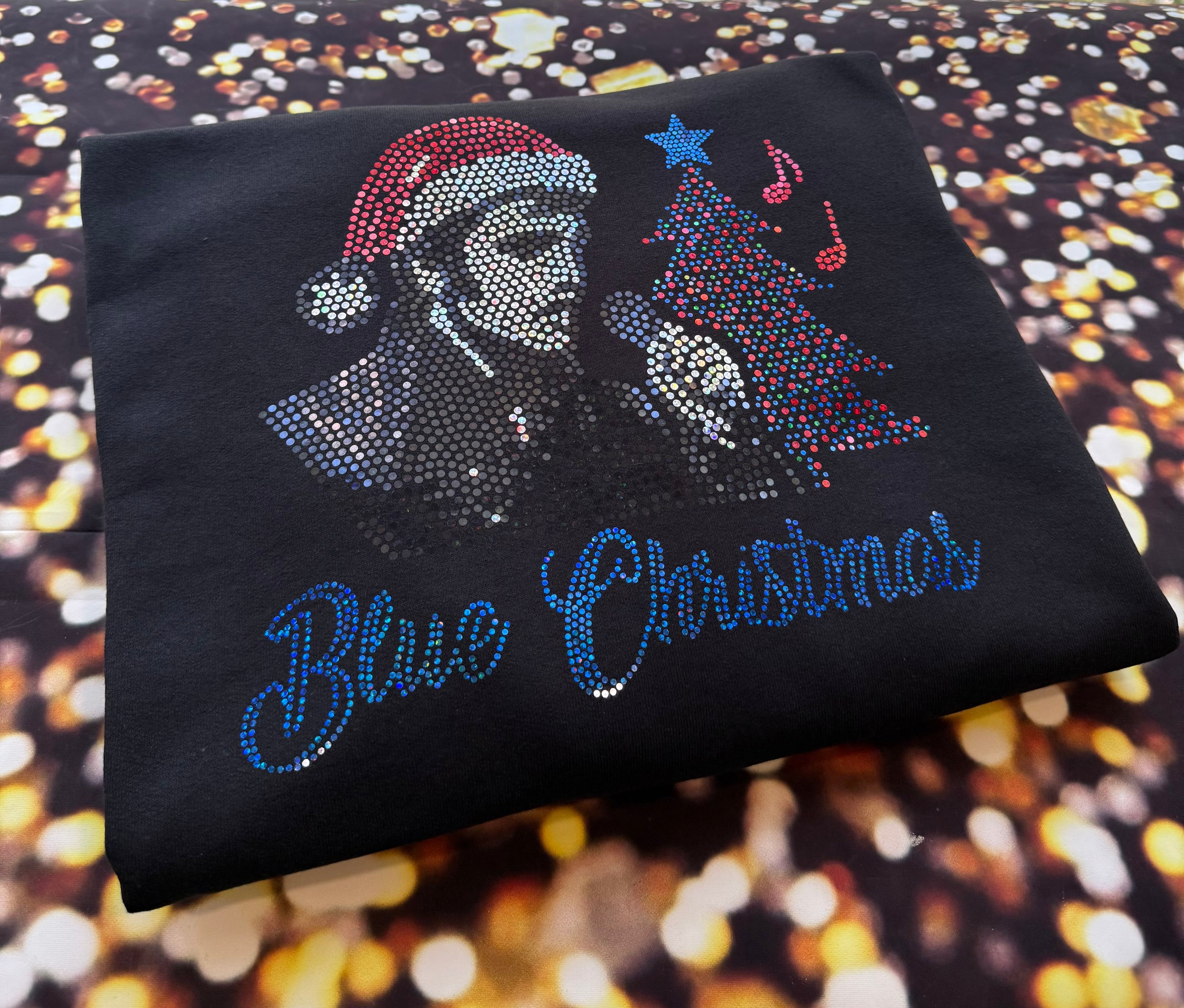 Elvis Blue Christmas Bling Sparkle Apparel – Ladies V-Neck Tee, Unisex Crewneck, Ladies Long Sleeve V-Neck Shirt, Unisex Sweatshirt