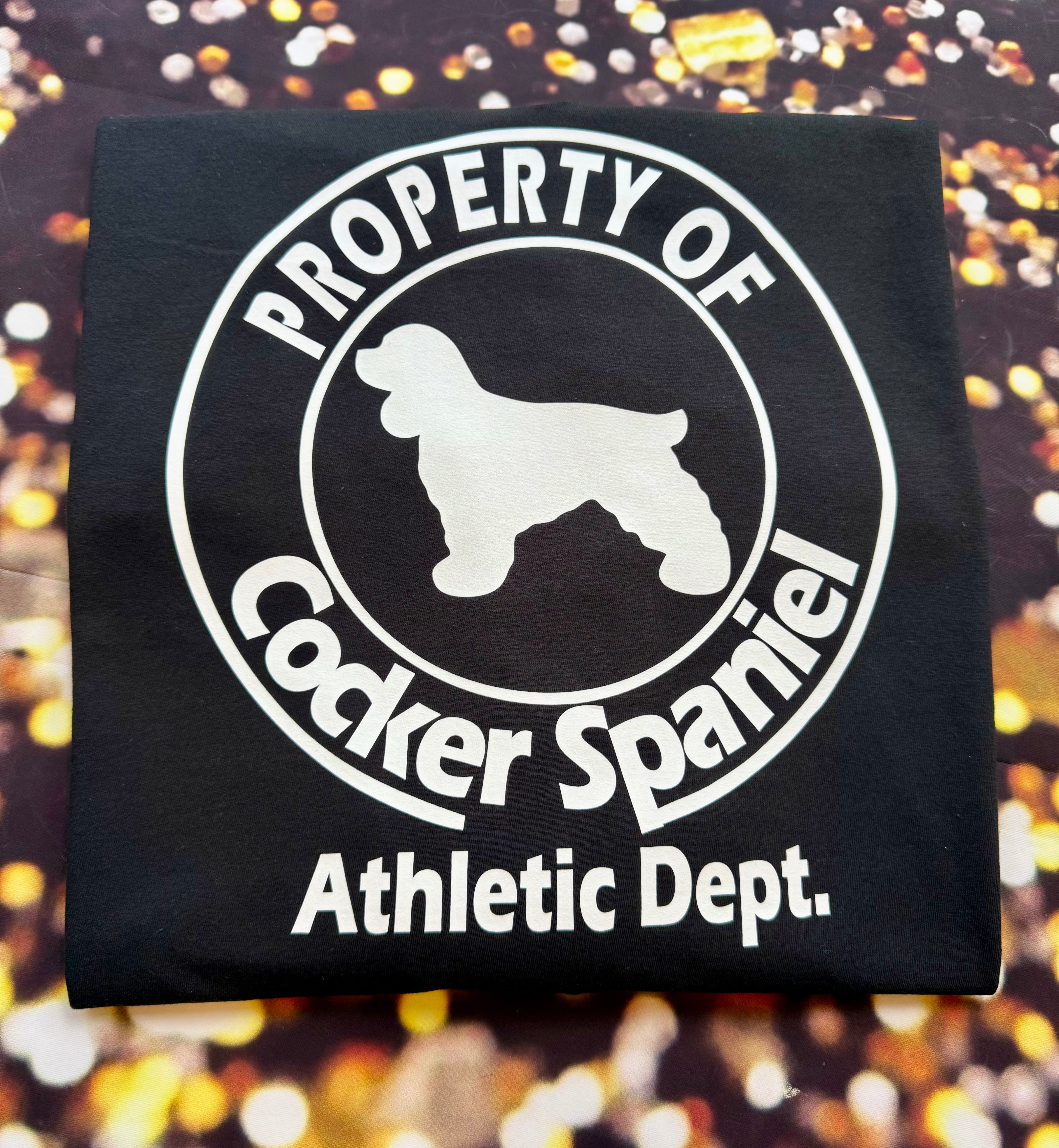Property of Cocker Spaniel Athletic Department Apparel – Ladies V-Neck Tee, Unisex Crewneck, Ladies Long Sleeve V-Neck Shirt, Unisex Sweatshirt