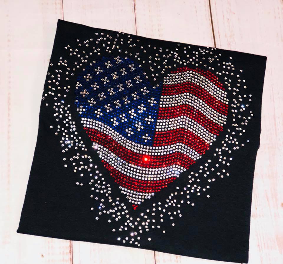 USA Heart Scatter Rhinestone/4th of July/American Tee, Long Sleeve, Sweatshirt - Stitch N Bling