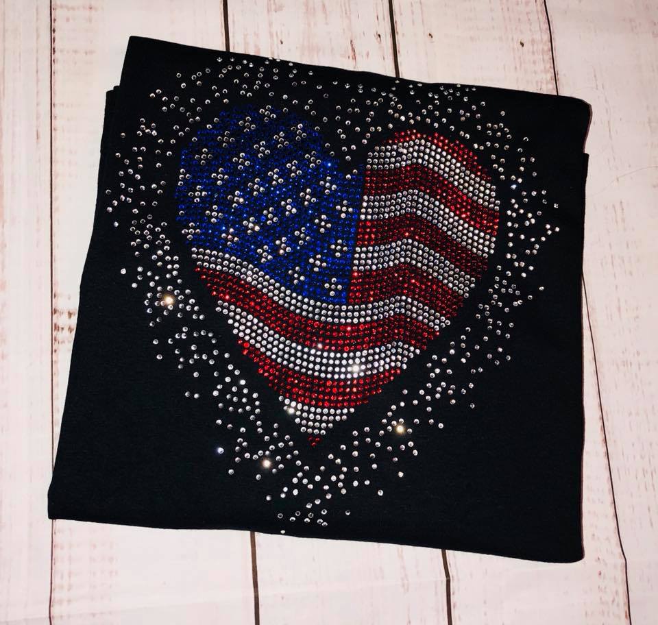 USA Heart Scatter Rhinestone/4th of July/American Tee, Long Sleeve, Sweatshirt - Stitch N Bling