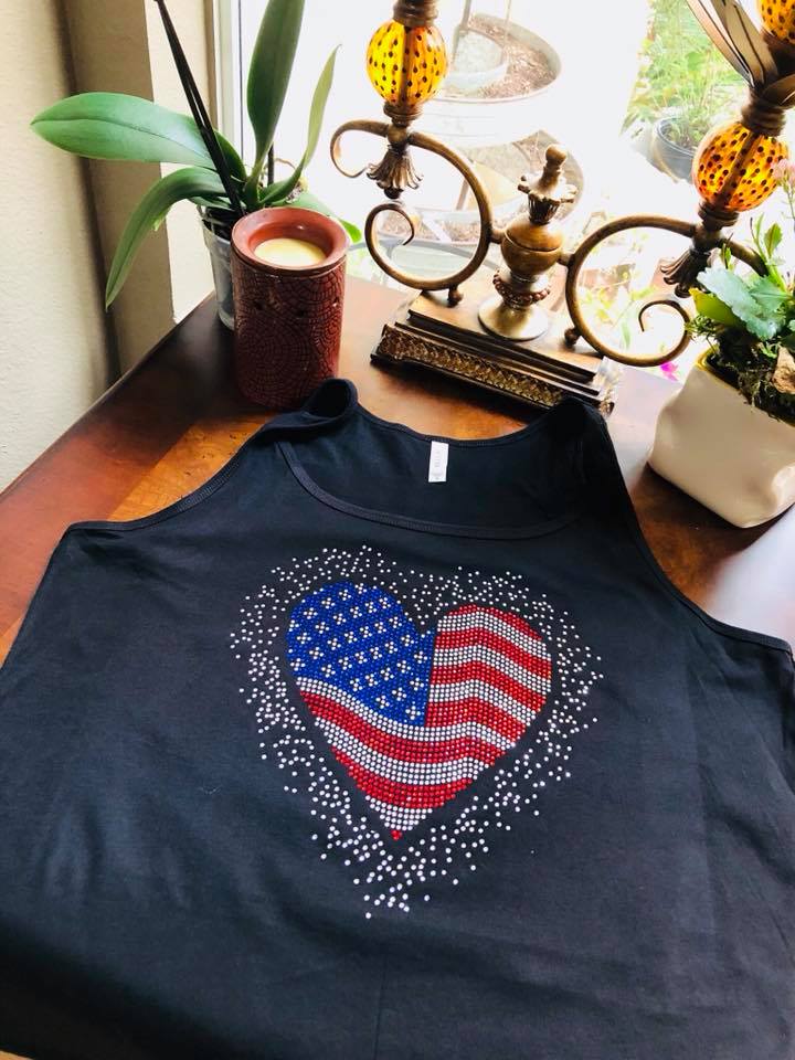 USA Heart Scatter Rhinestone/4th of July/American Tee, Long Sleeve, Sweatshirt - Stitch N Bling