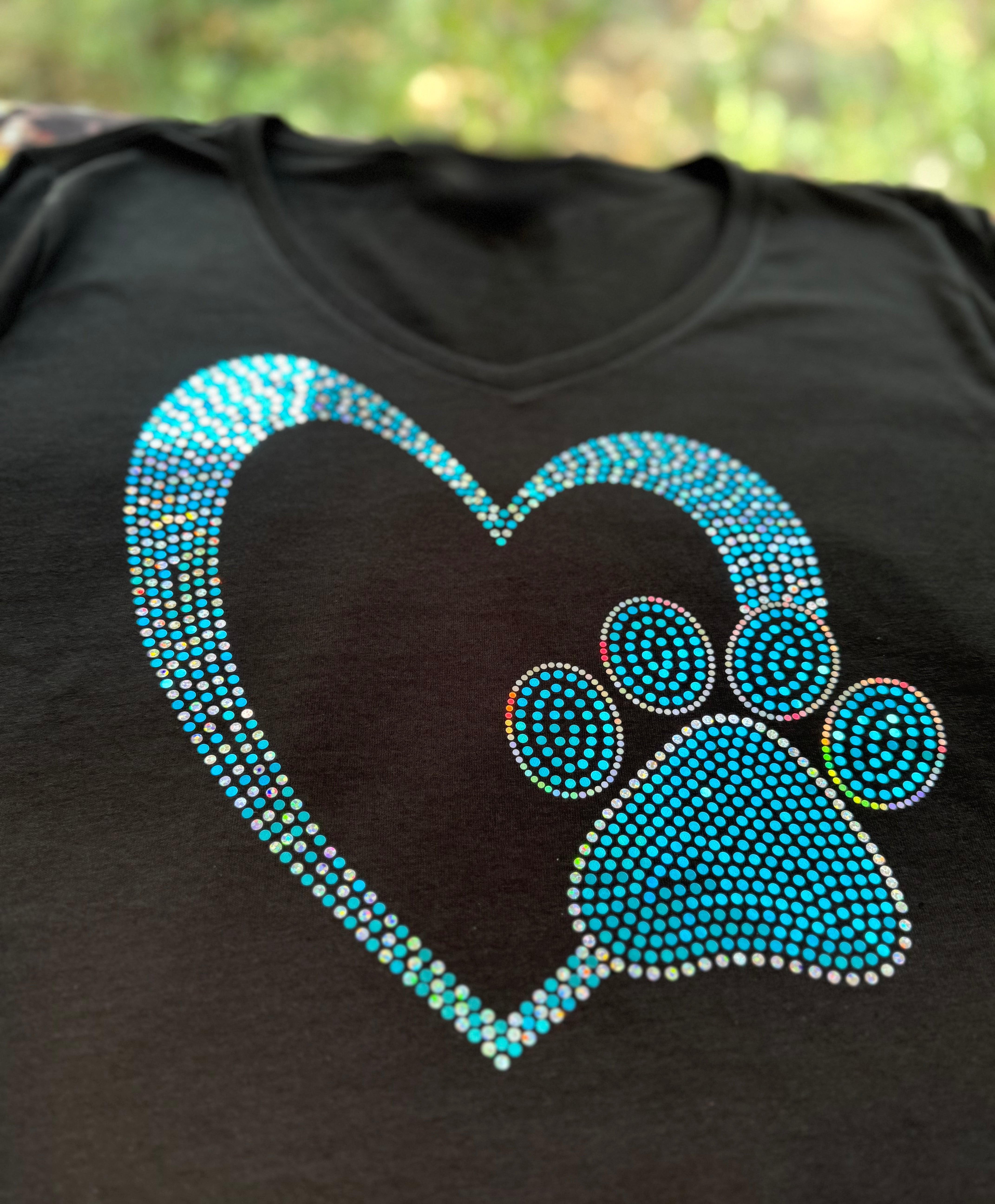 Heart Paw Print Dog Lover Mom Bling Apparel – Ladies V-Neck Tee, Unisex Crewneck, Ladies Long Sleeve V-Neck Shirt, Unisex Sweatshirt