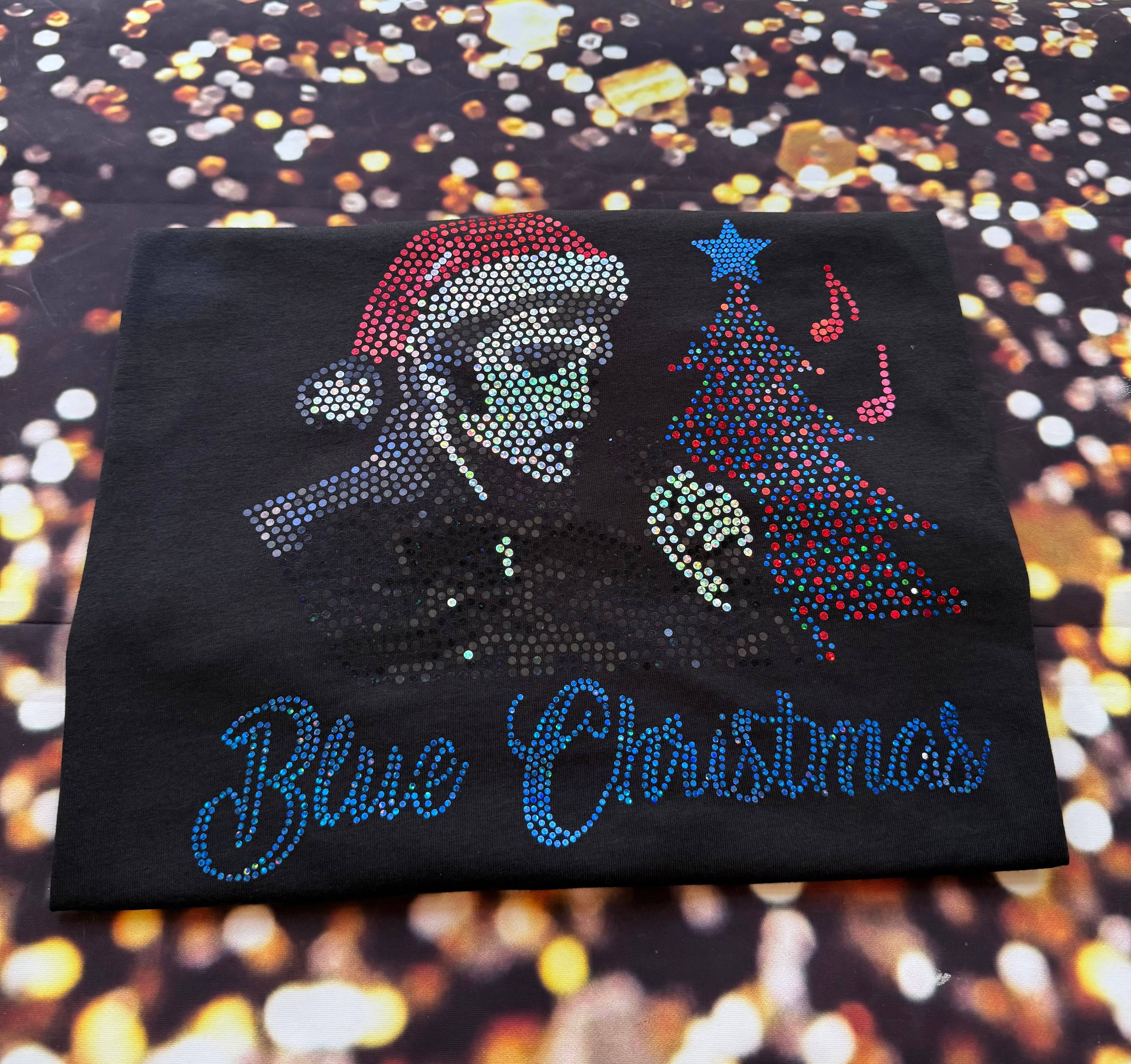 Elvis Blue Christmas Bling Sparkle Apparel – Ladies V-Neck Tee, Unisex Crewneck, Ladies Long Sleeve V-Neck Shirt, Unisex Sweatshirt