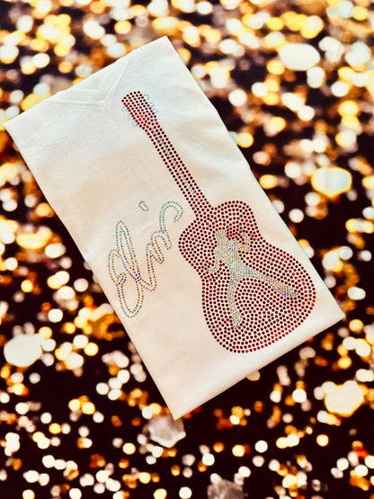 Elvis Presley Rock n Roll Guitar Bling Tee or Sweatshirt! Elvis Bling in Red and silver spangles or any custom color!