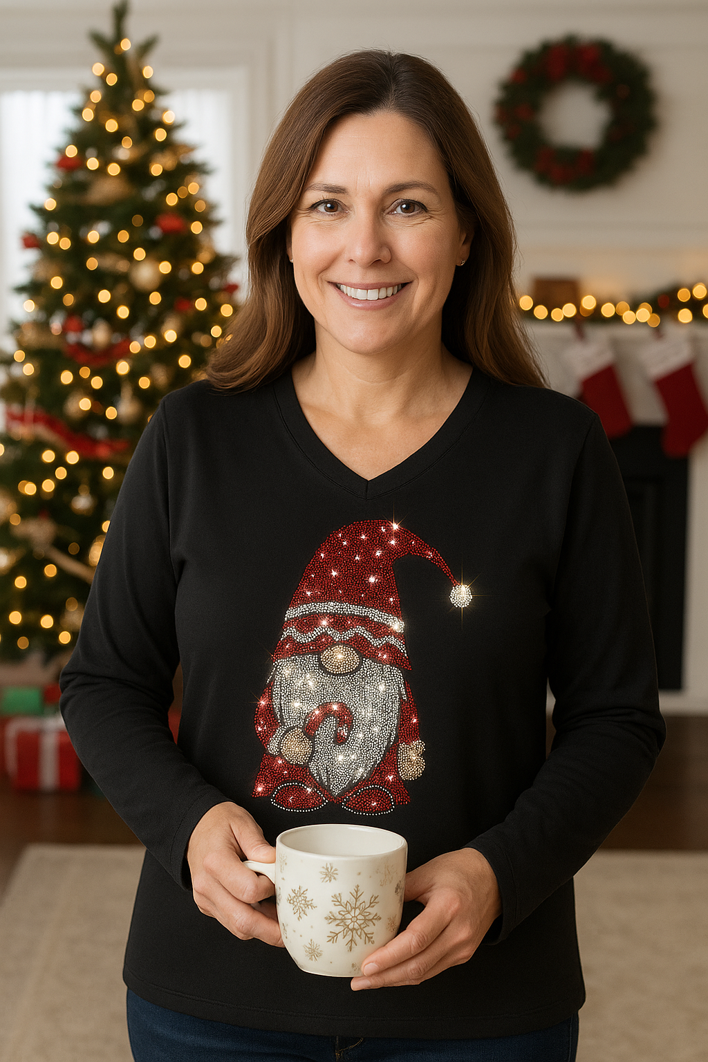Christmas Gnome Bling Apparel – Ladies V-Neck Tee, Unisex Crewneck, Ladies Long Sleeve V-Neck Shirt, Unisex Sweatshirt