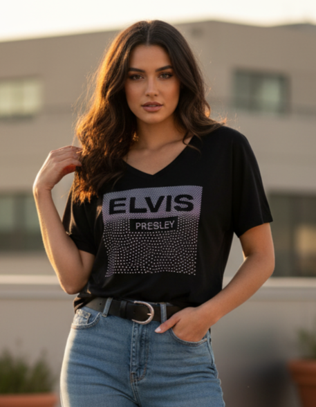 Elvis Presley Scatter Fade Sparkle Bling Apparel – Ladies V-Neck Tee, Unisex Crewneck, Ladies Long Sleeve V-Neck Shirt, Unisex Sweatshirt