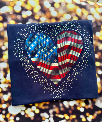 USA Heart Scatter Bling / 4th of July / American Tee, Long Sleeve, Sweatshirt