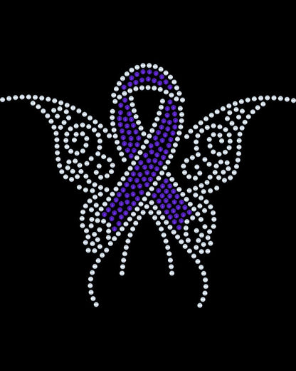 Awareness Alzheimer Butterfly Bling Ribbon Apparel – Ladies V-Neck Tee, Unisex Crewneck, Ladies Long Sleeve V-Neck Shirt, Unisex Sweatshirt Choose your Ribbon Color Bling