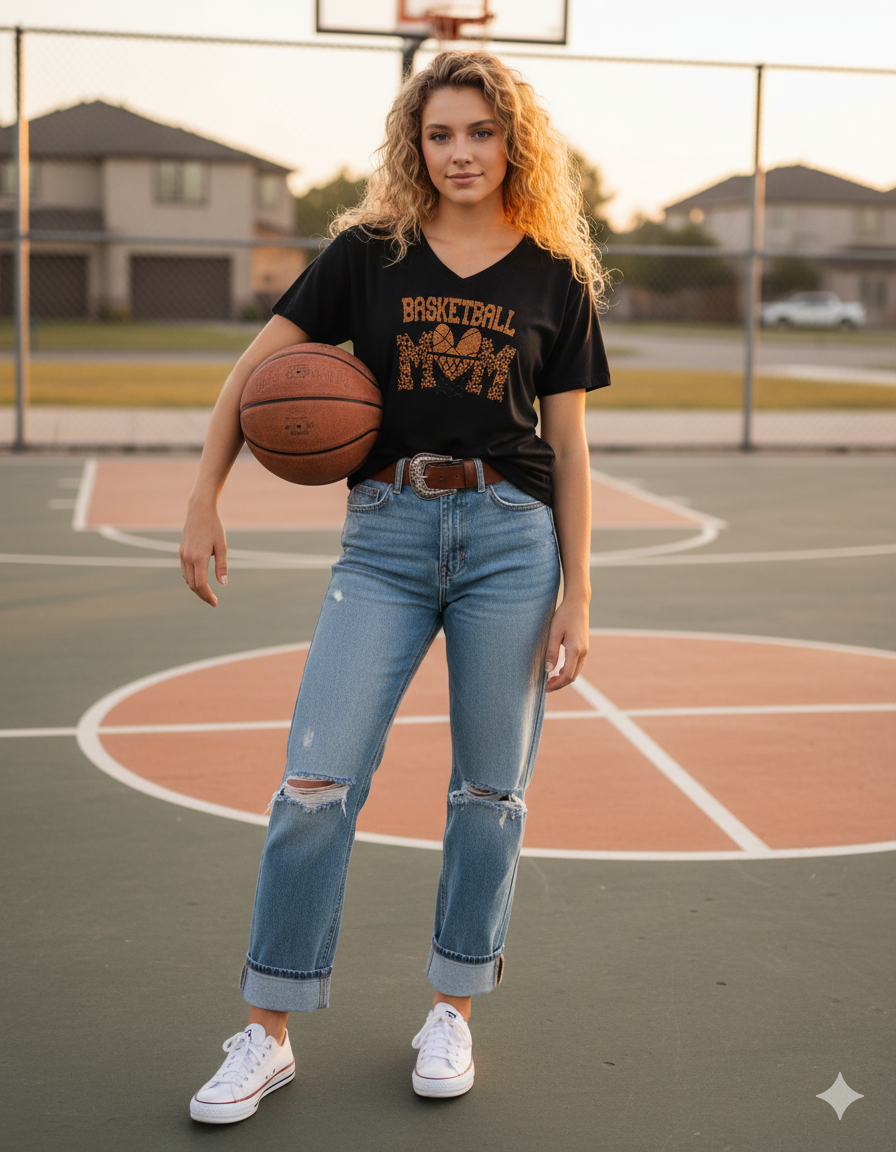 Basketball Mom Sports Sparkle Bling Apparel – Ladies V-Neck Tee, Unisex Crewneck, Ladies Long Sleeve V-Neck Shirt, Unisex Sweatshirt