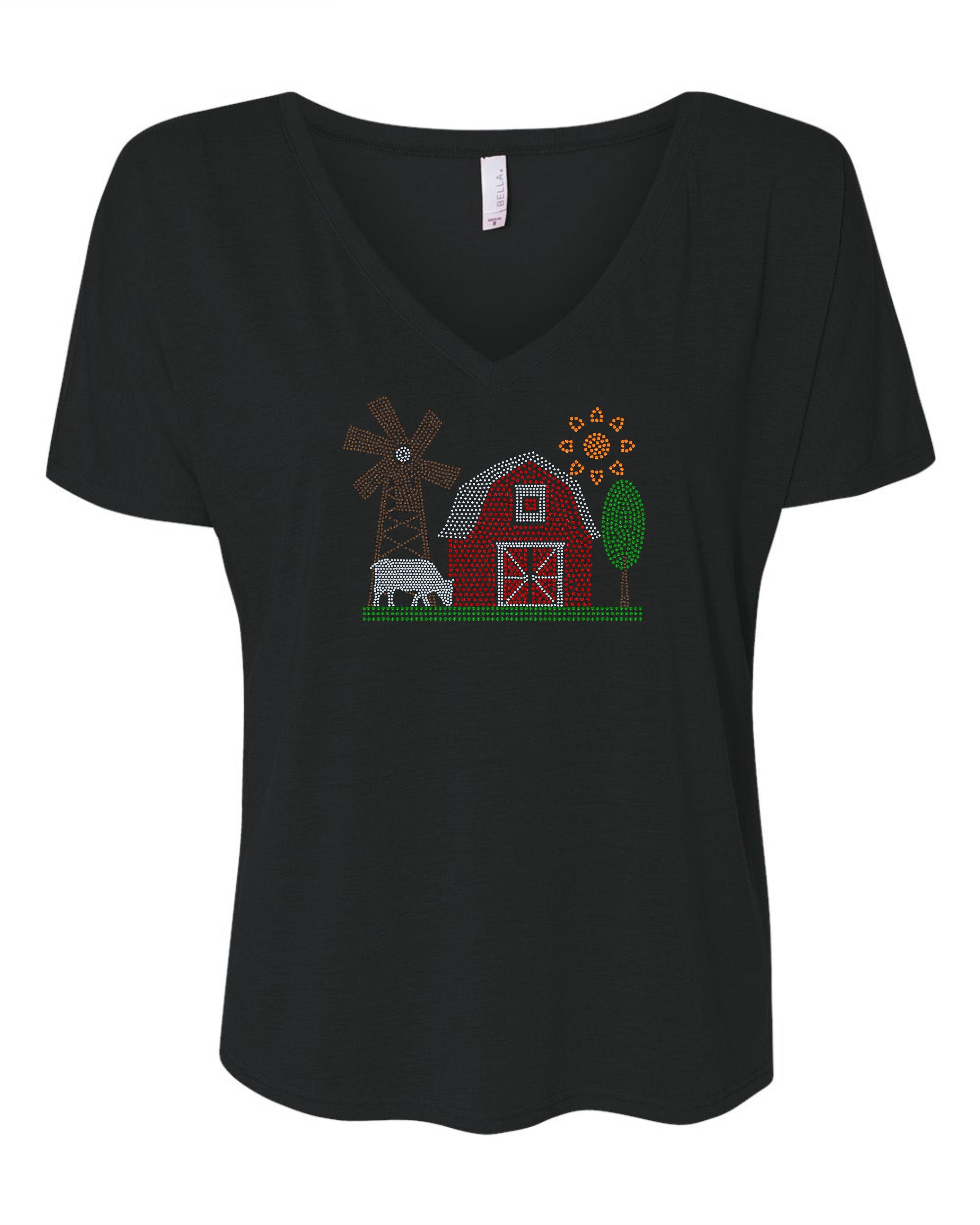 Down on the Farm Bling Tee, Sparkling Red Barn, Windmill, Grazing Cow, and Sunny Skies T-Shirt, Tee, Sweatshirt - Stitch N Bling