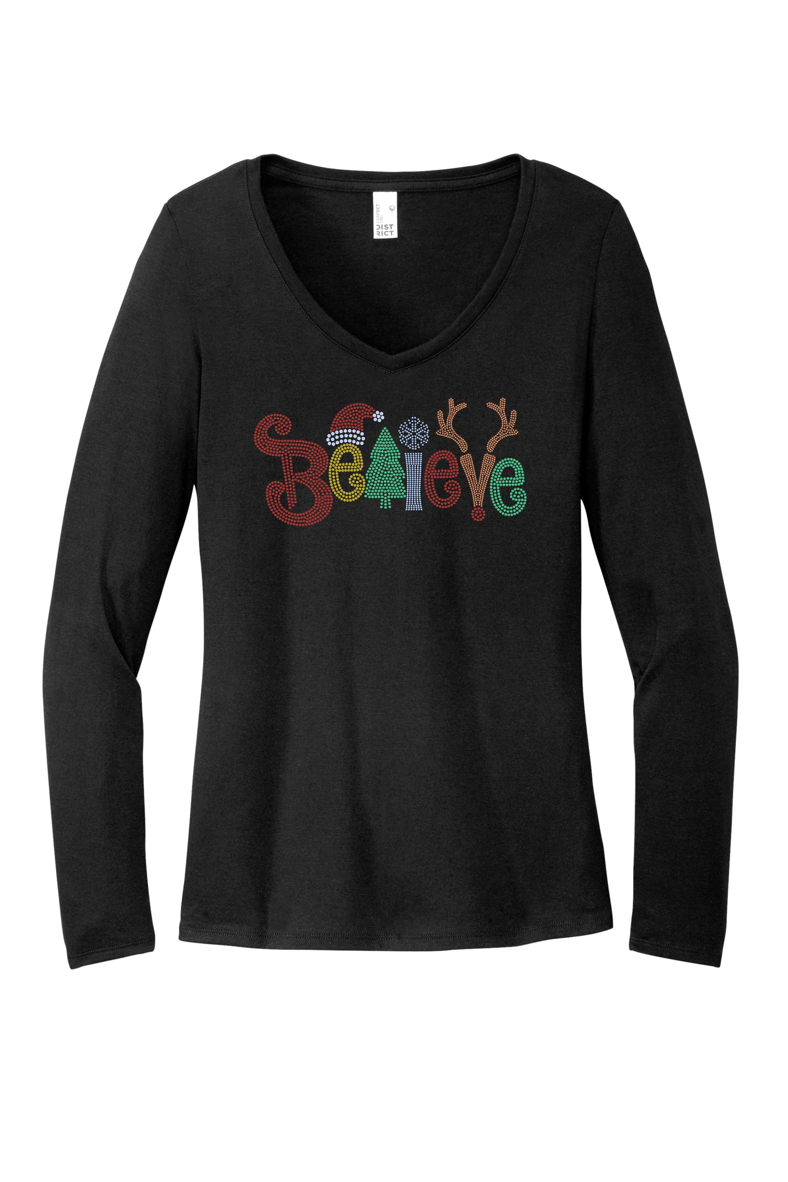 Believe Christmas Bling Apparel – Ladies V-Neck Tee, Unisex Crewneck, Ladies Long Sleeve V-Neck Shirt, Unisex Sweatshirt