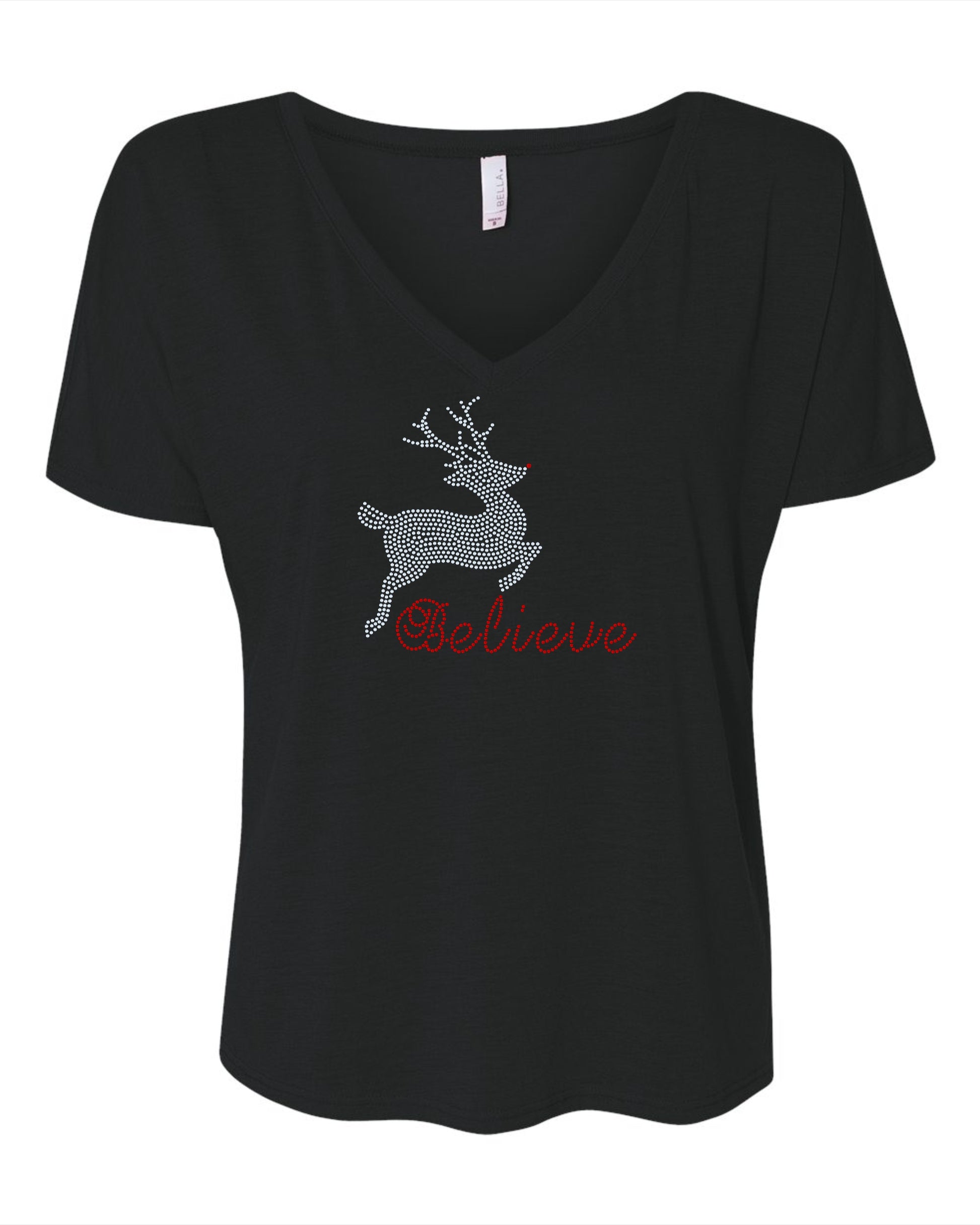 Prancing Reindeer Bling Tee, T-Shirt Christmas Spangle Design! Rudolph the Reindeer Tee, Long Sleeve or Sweatshirts! - Stitch N Bling