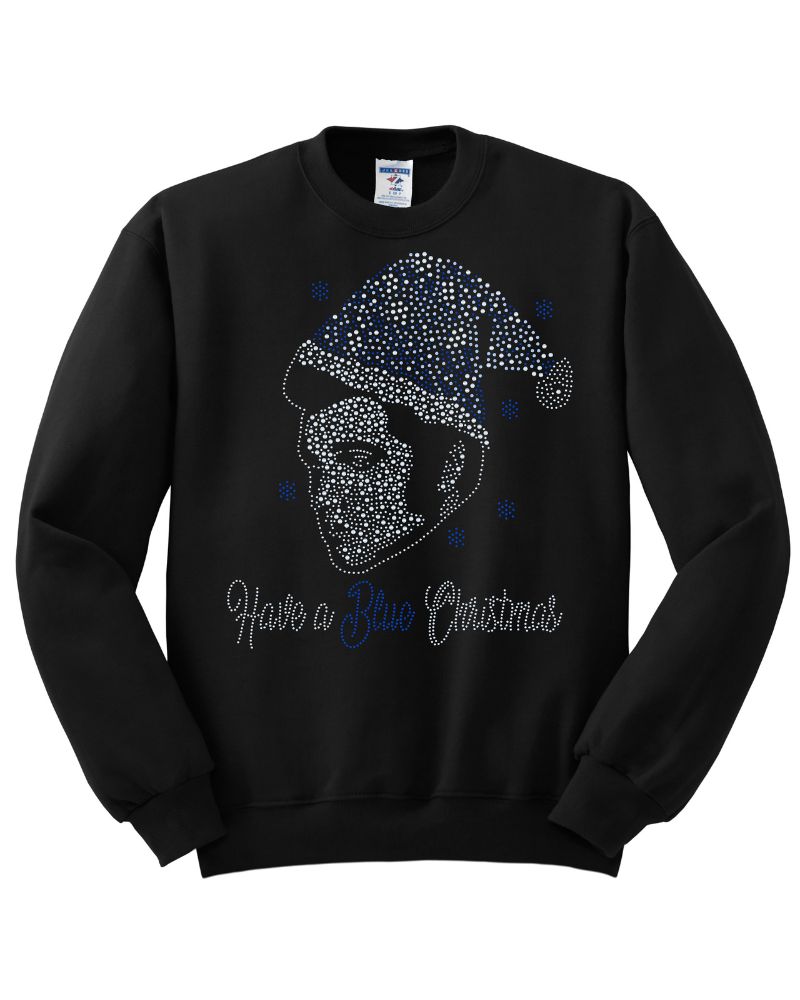 Elvis Santa's Blue Christmas Bling Sparkle Apparel – Ladies V-Neck Tee, Unisex Crewneck, Ladies Long Sleeve V-Neck Shirt, Unisex Sweatshirt
